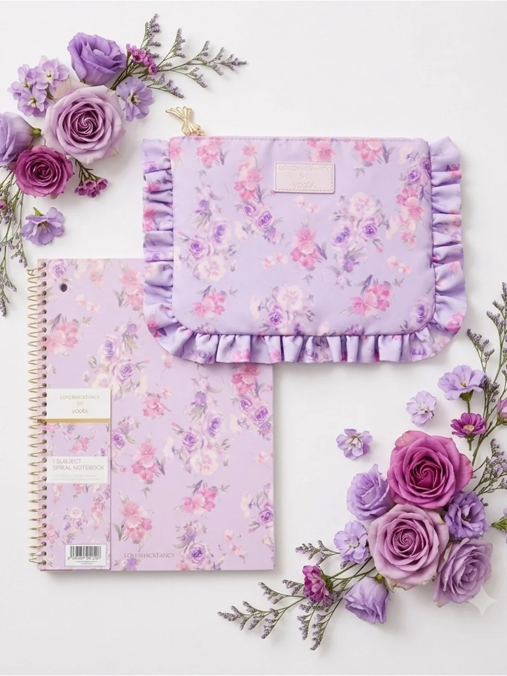 2 piece Love Shack Fancy purple Floral Accessory Pencil Pouch & Notebook NEW 💜